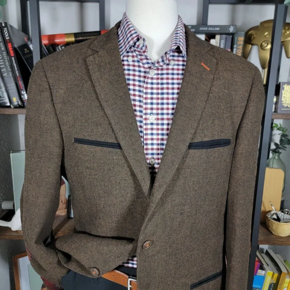 Bruno Conte Don Jonathan Men's Flannel Sport Coat Blazer‎ Two Button Brown XL